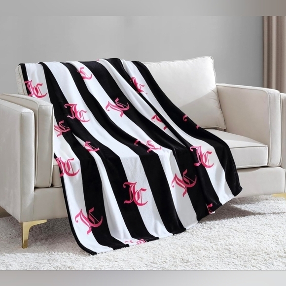 Juicy Couture Other - Juicy Couture Cabana Plush Black Striped Throw with Pink Accent, 50" x 70", New